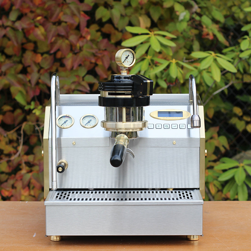 front view custom la marzocco GS3 in black, steel, and brass