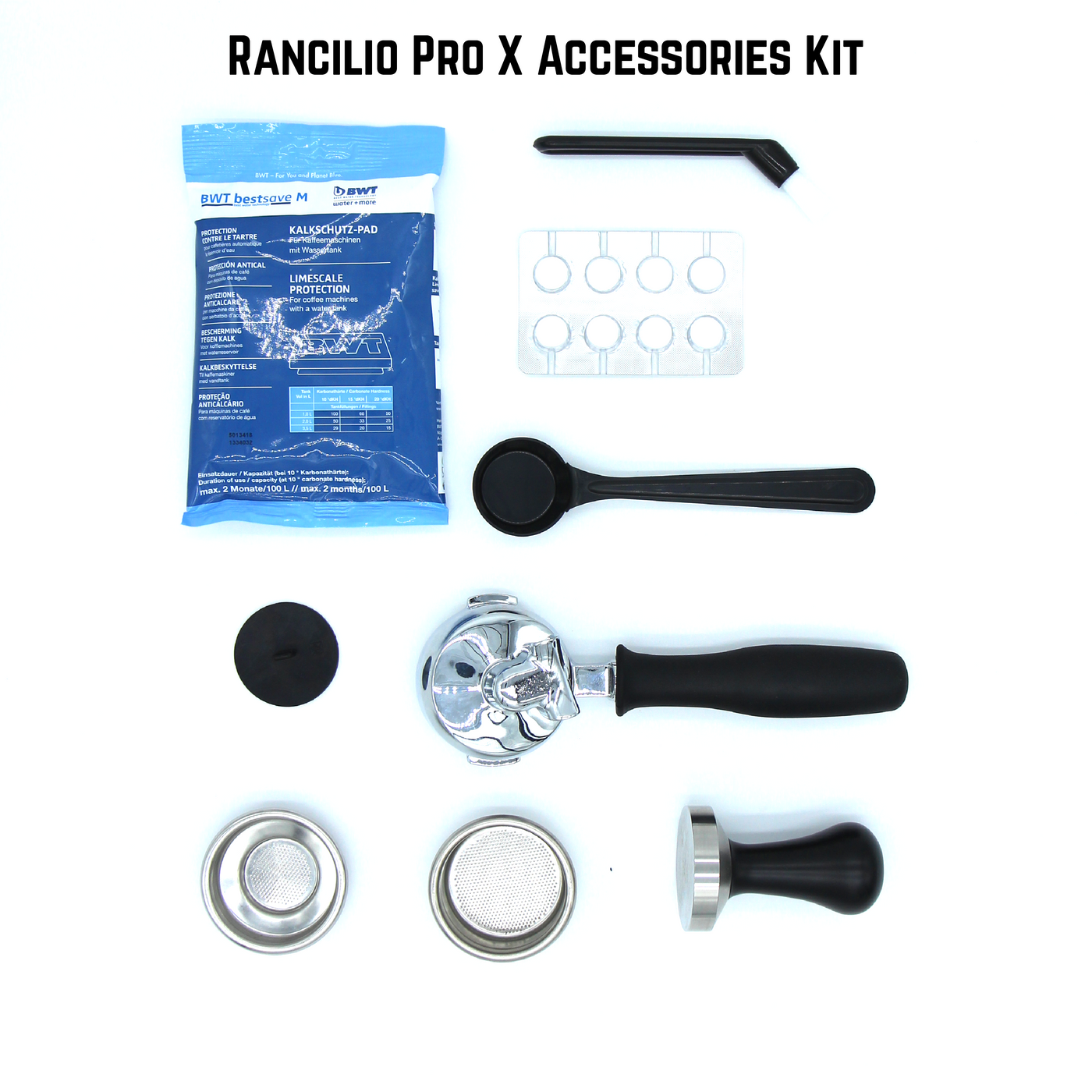 stock set of pro x accessories, tamper, portafilter, scoop, baskets