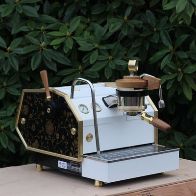 la marzocco GS3 with oak, brass, custom steam lever, flower side panel