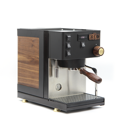 rancilio pro x heartwood in black walnut and brass, 3/4 view
