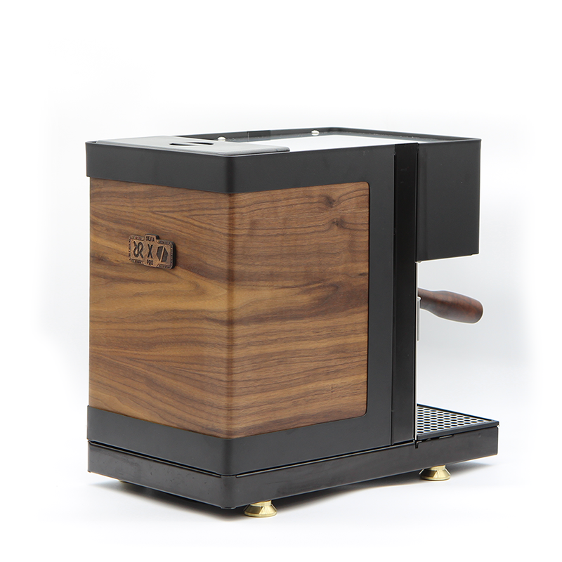 Silvia Pro-X from behind wrapped in walnut veneer with brass feet
