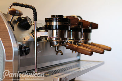 Close up of group heads on custom Strada 3EE