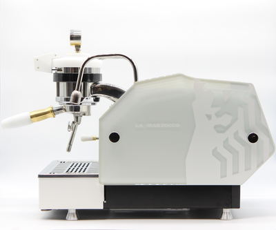 side view custom la marzocco GS3 in white, brass, and glass