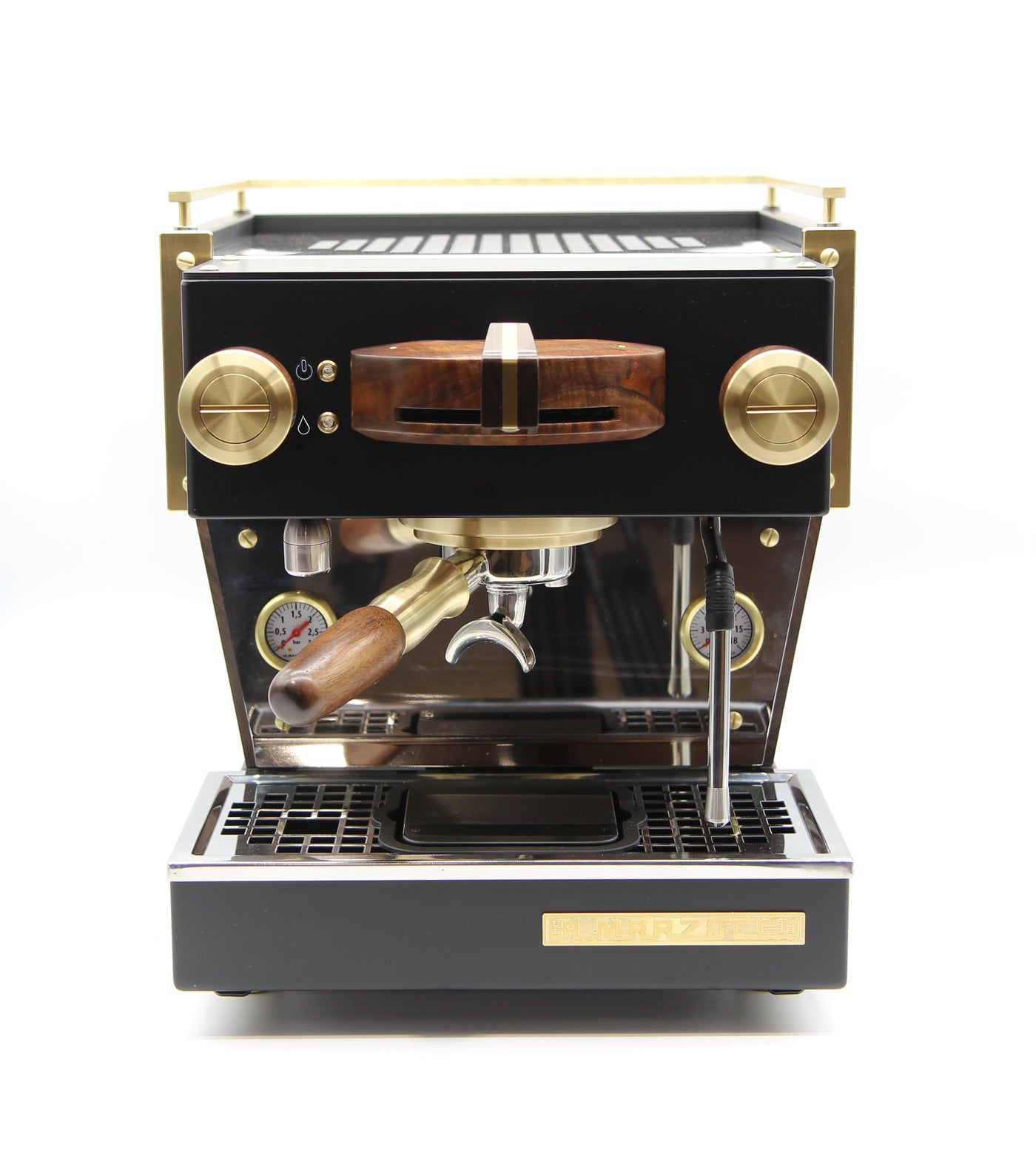 Linea Mini in black with custom walnut and brass