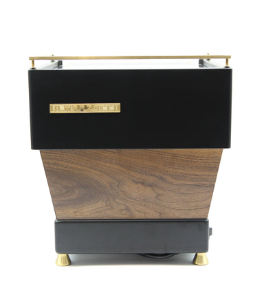 Rear view of custom Linea Mini in black and walnut with brass badge and cup rail