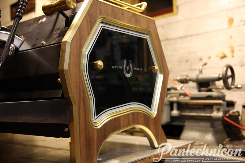 Custom Strada side panel, glass, walnut, brass