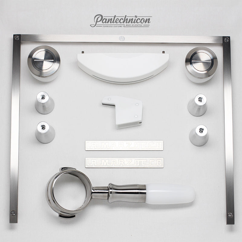 custom kit for linea mini in white and brushed steel, bottomless portafilter, 50mm liftoff legs