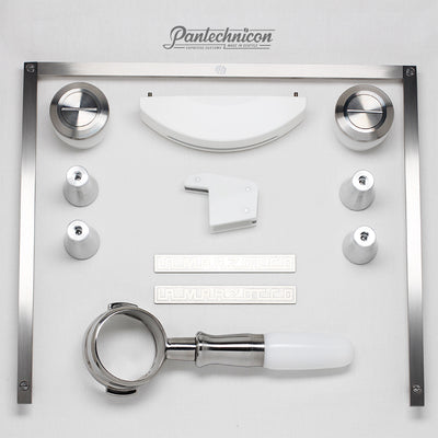 custom kit for linea mini in white and brushed steel, bottomless portafilter, 50mm liftoff legs