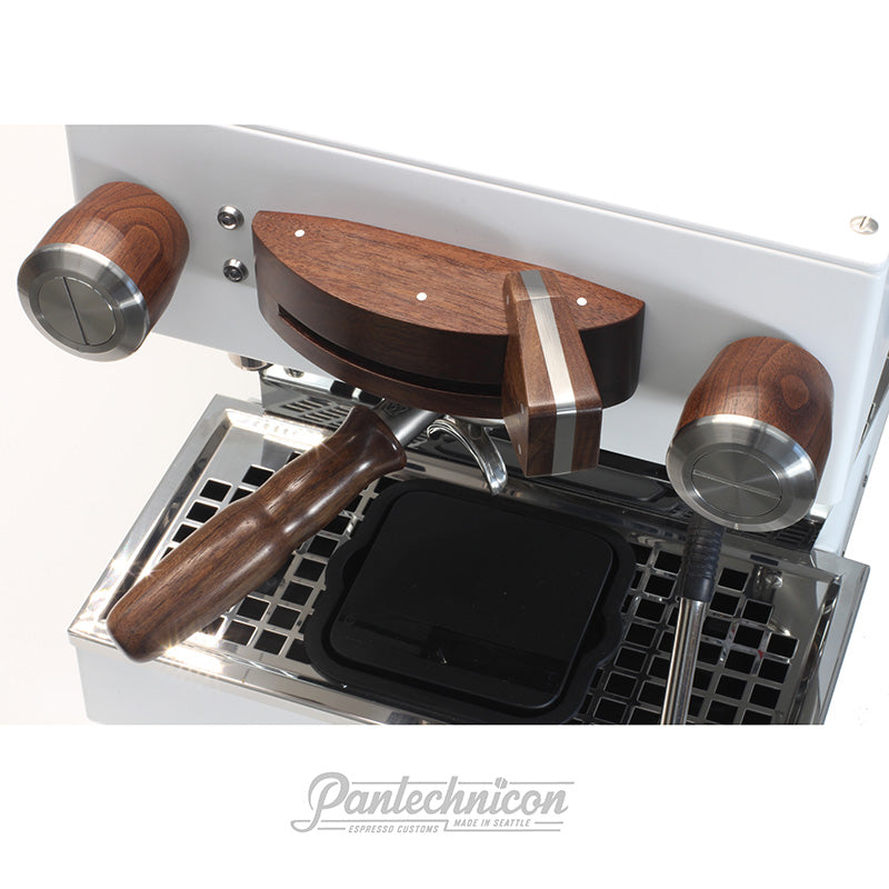 overhead view of custom linea mini in walnut and steel with acaia scale drain tray