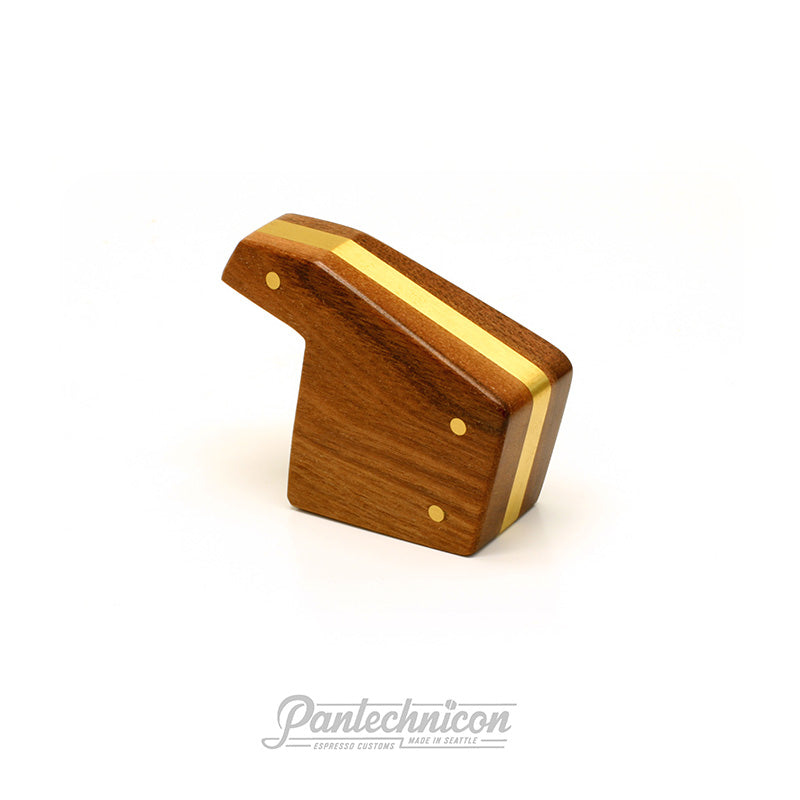 3/4 view of walnut and brass brew paddle for la marzocco