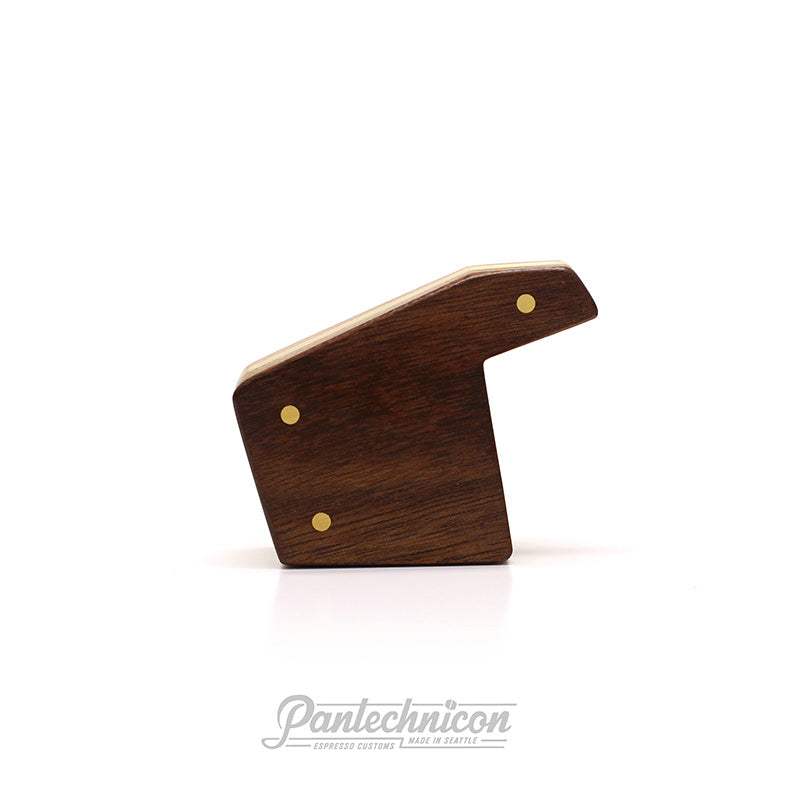 side view of walnut and brass custom brew paddle for la marzocco
