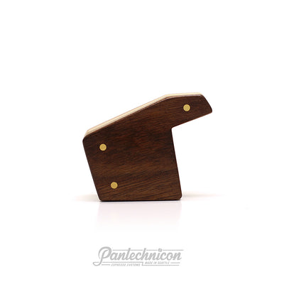 side view of walnut and brass custom brew paddle for la marzocco