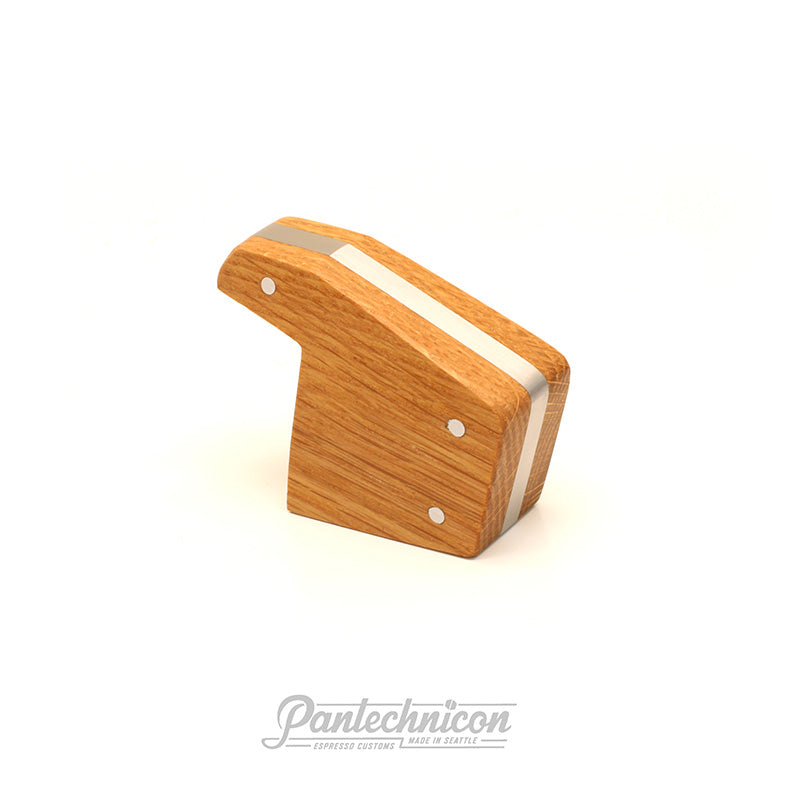 3/4 view of oak and stainless steel brew paddle for la marzocco
