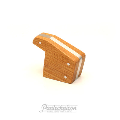 3/4 view of oak and stainless steel brew paddle for la marzocco