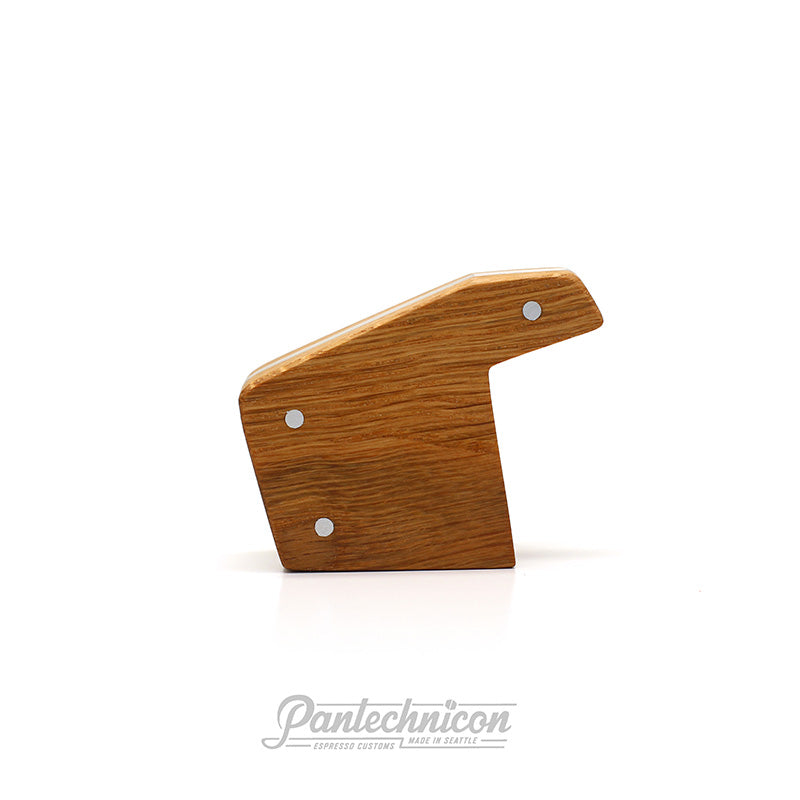 side view of oak and brushed steel brew paddle for la marzocco