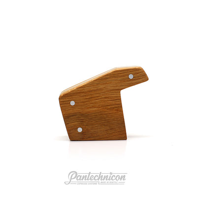 side view of oak and brushed steel brew paddle for la marzocco