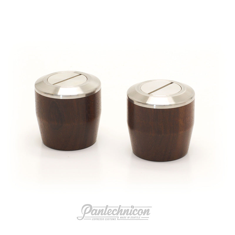 front view of linea mini steam knobs in walnut and brushed steel