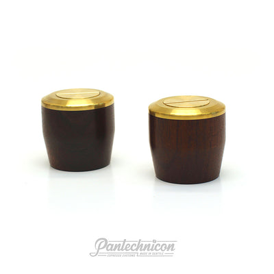 3/4 view of custom linea mini steam knobs in walnut and brass