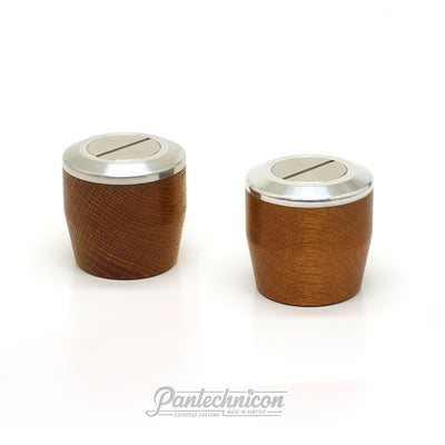 3/4 view of custom linea mini steam knobs in oak and brushed steel