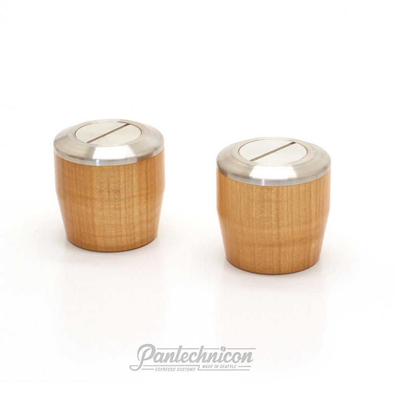 3/4 view of custom linea mini steam knobs in maple and brushed steel