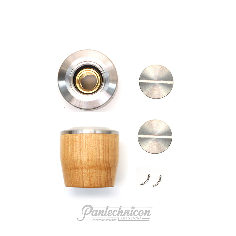 multiple views of linea mini steam knob in maple: side, back, knob caps and pins