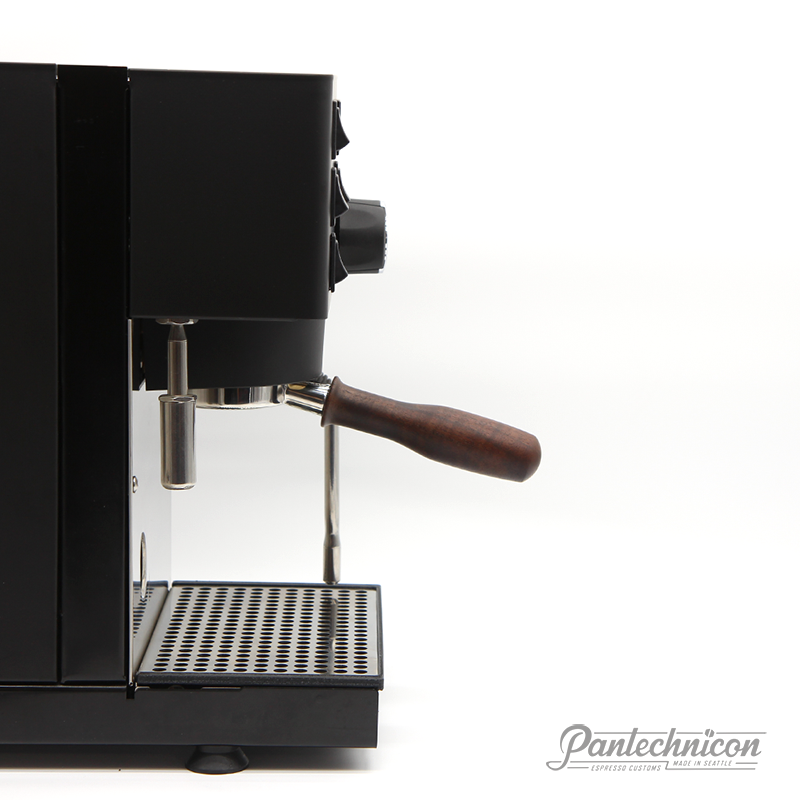 walnut handled bottomless portafilter installed on rancilio pro x