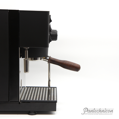 walnut handled bottomless portafilter installed on rancilio pro x
