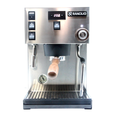 stainless steel rancilio pro x with custom walnut fixtures