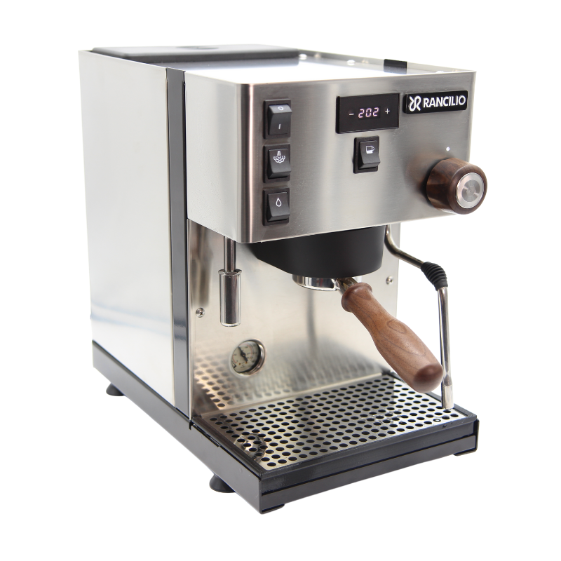 stainless rancilio pro x with custom walnut steam knob and portafilter