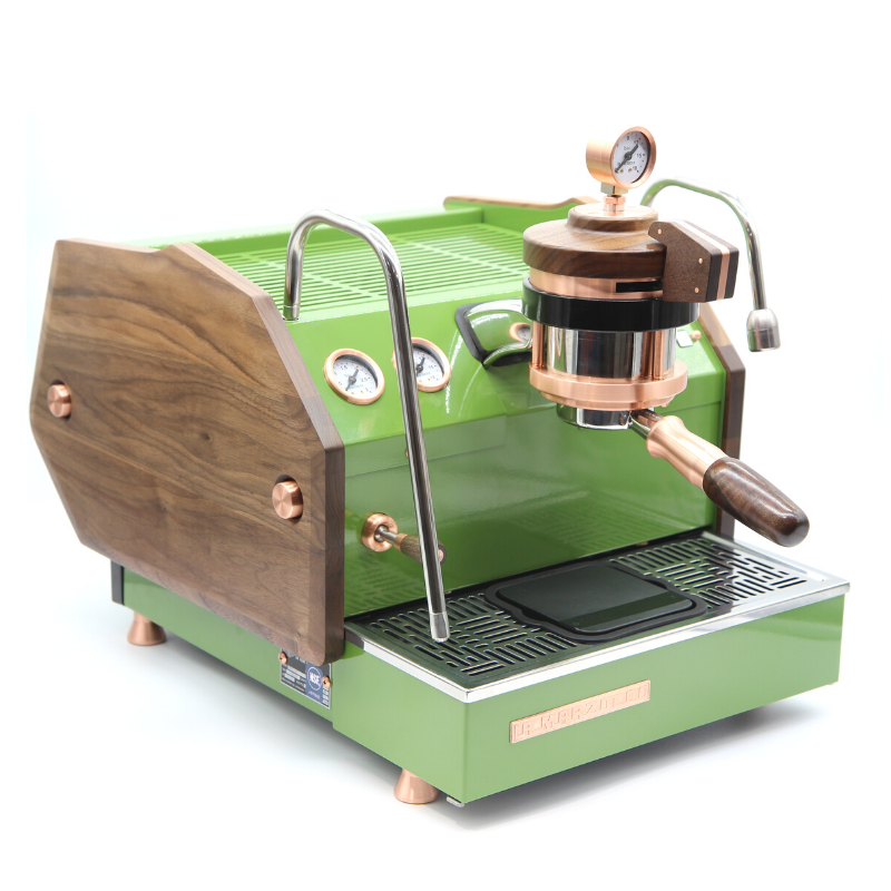 3/4 view of custom la marzocco gs3 in green, walnut, and copper