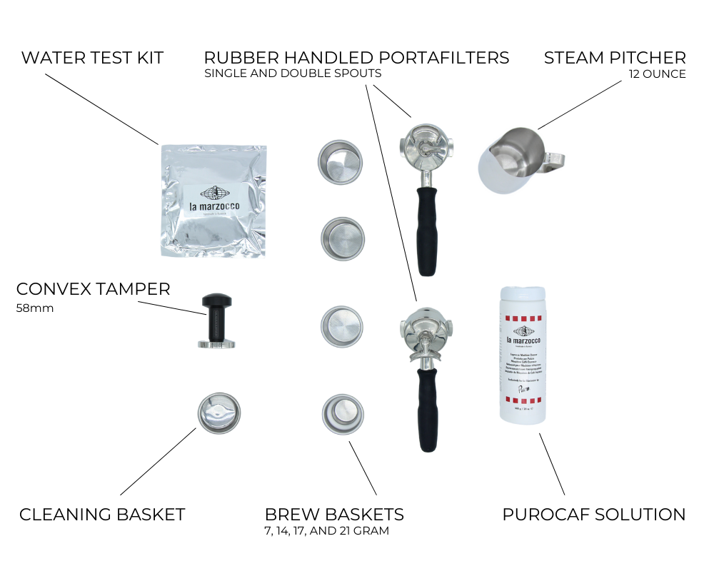 full accessory kit for GS3: water test kit, tamper, cleaning basket, portafilter handles, steam pitcher, purocaf solution