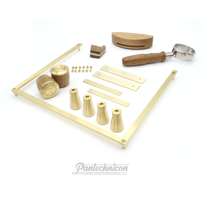 complete kit for linea mini in brass and oak, tall legs, bottomless portafilter
