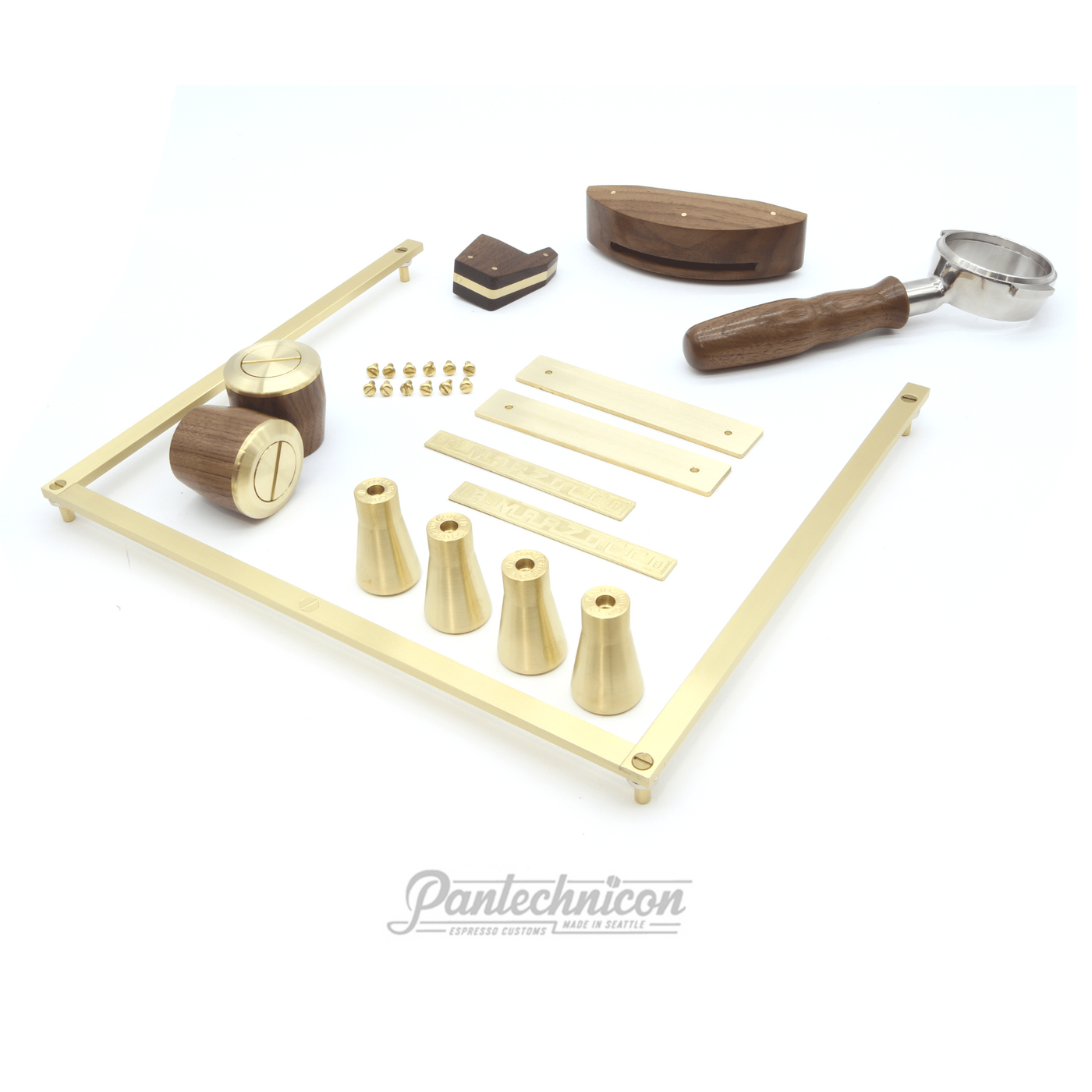 complete kit for linea mini in brass and walnut, tall legs, bottomless portafilter