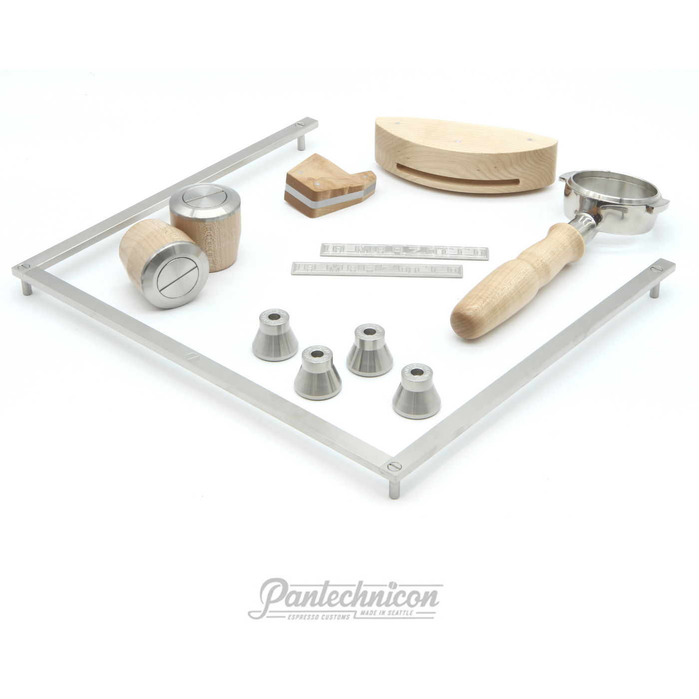 complete kit for linea mini in maple and steel, bottomless portafilter, 25mm legs