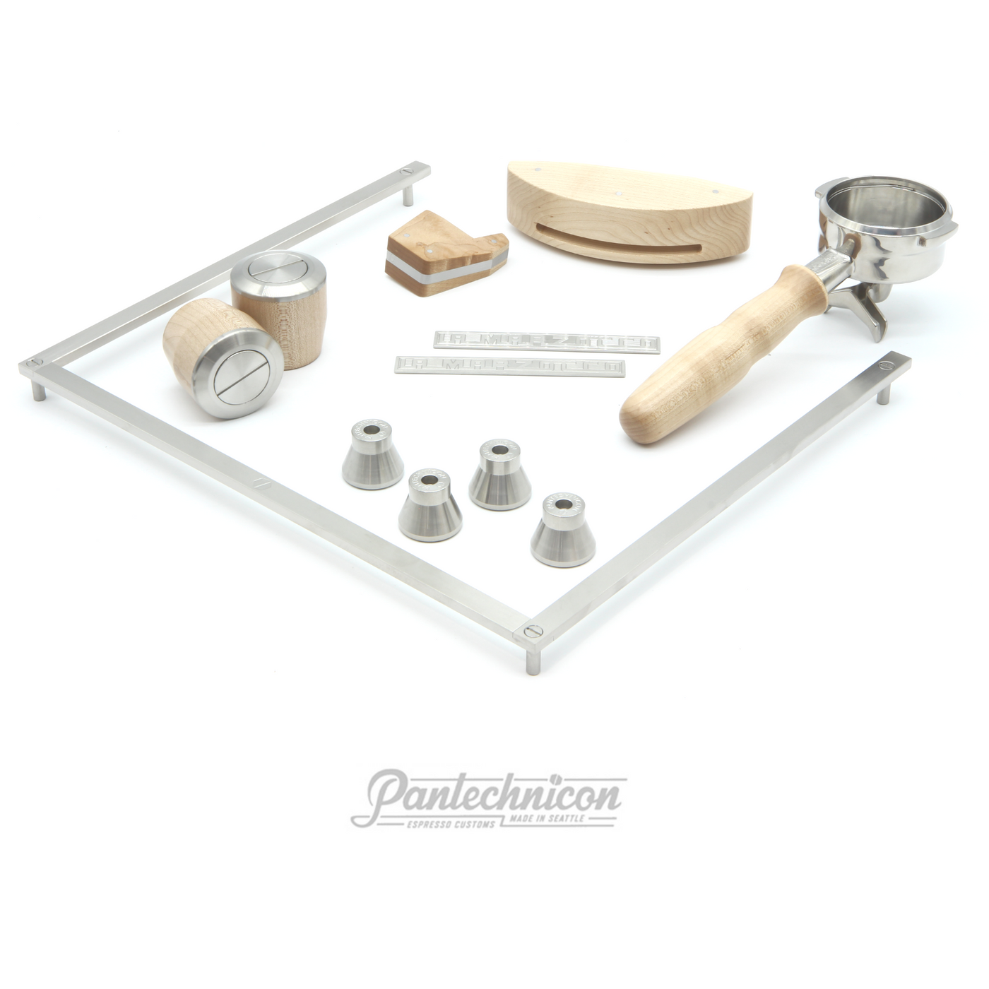 complete kit for linea mini in maple and steel, double spout portafilter, 25mm legs