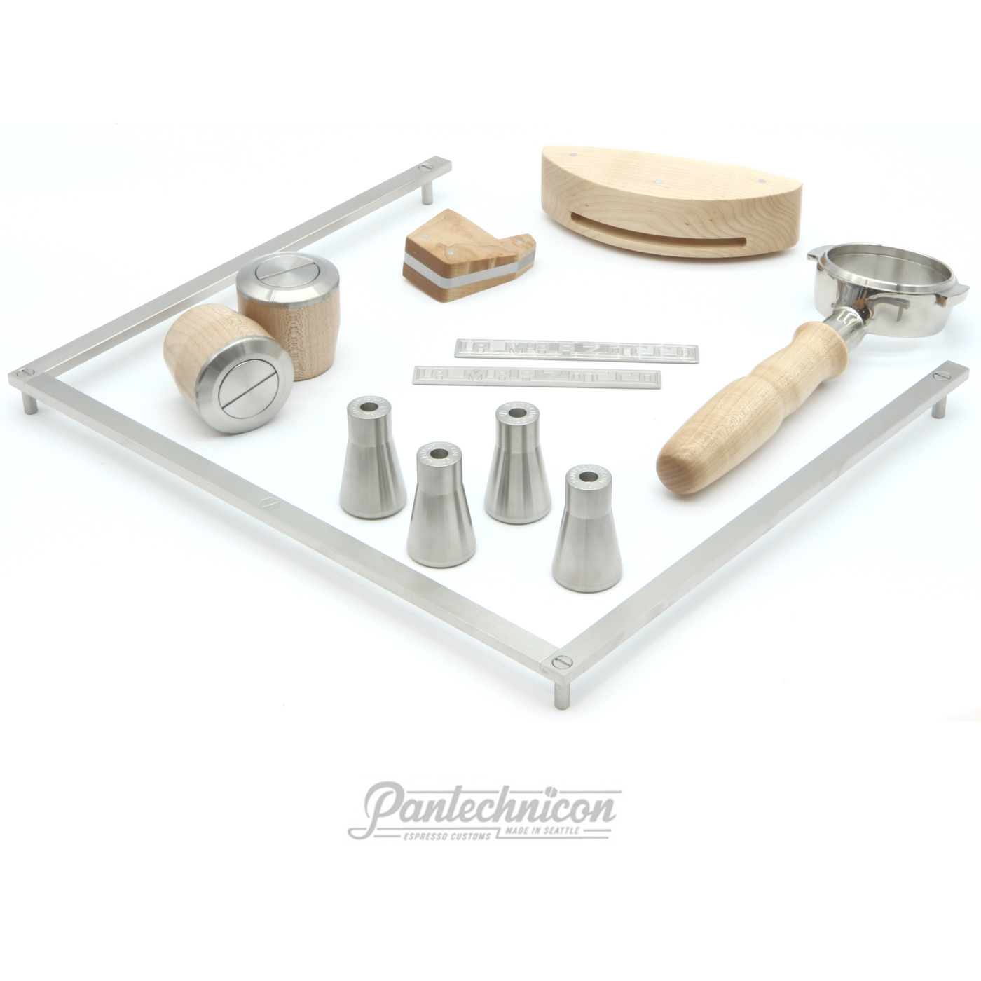 linea mini complete set in maple and steel, 50mm legs, bottomless portafilter