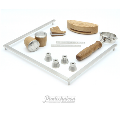 linea mini kit in oak and steel, bottomless portafilter, standard legs