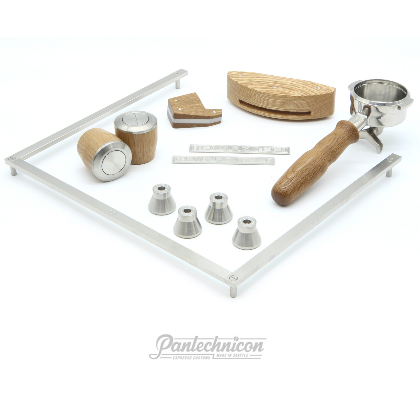 linea mini custom set in oak, double spout portafilter, 25mm legs