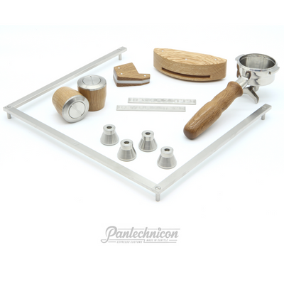 linea mini custom set in oak, double spout portafilter, 25mm legs