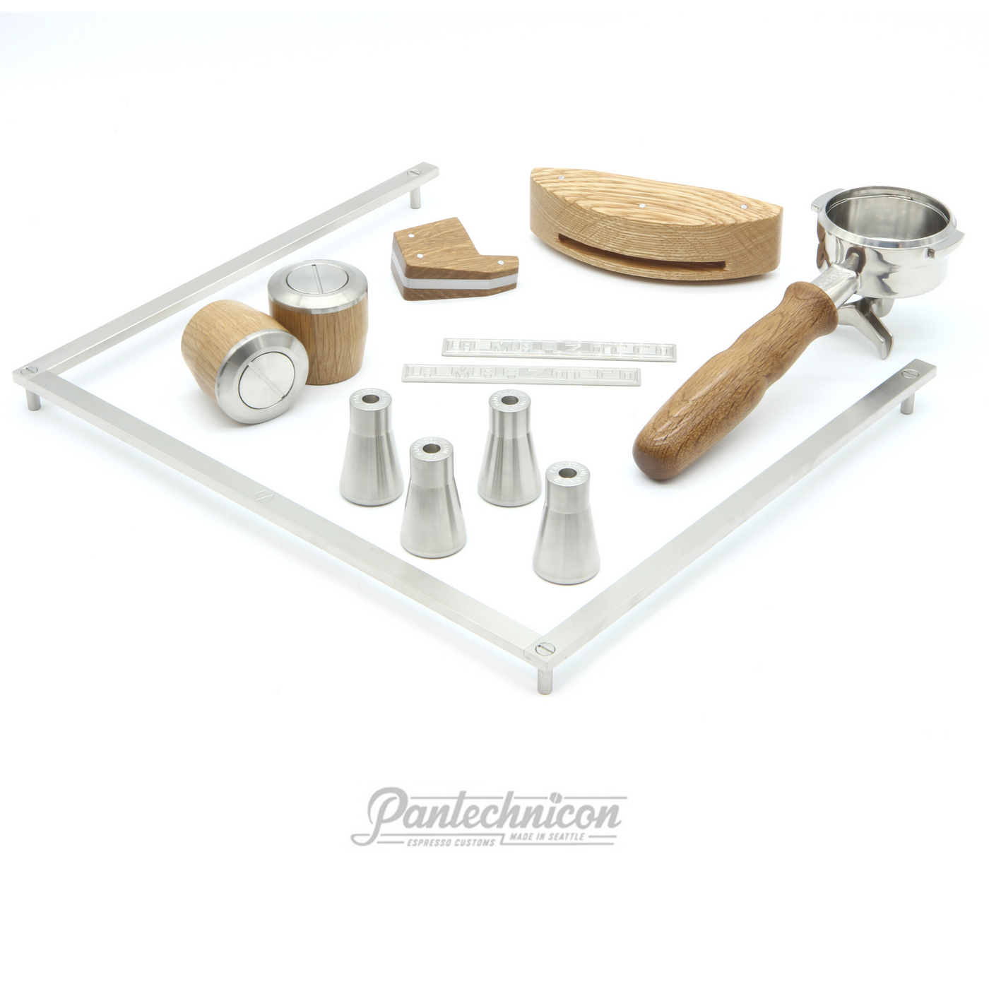 custom kit for linea mini in oak and steel, double spout portafilter and tall legs