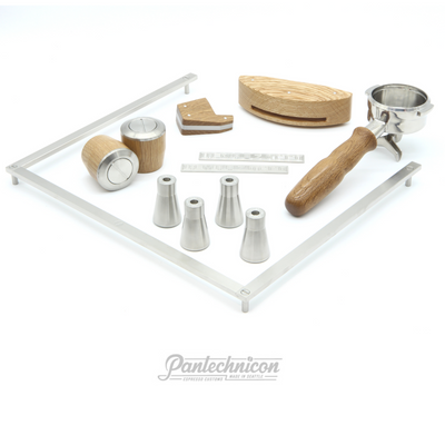 custom kit for linea mini in oak and steel, double spout portafilter and tall legs