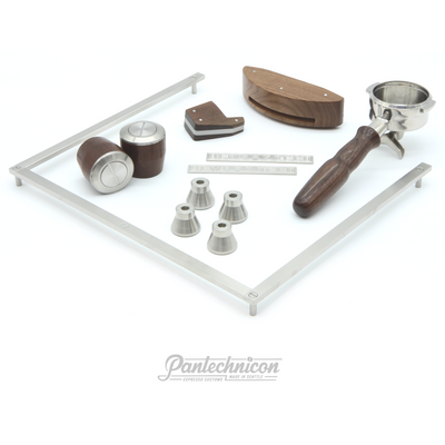 linea mini custom kit in walnut, double spout portafilter, 25mm legs
