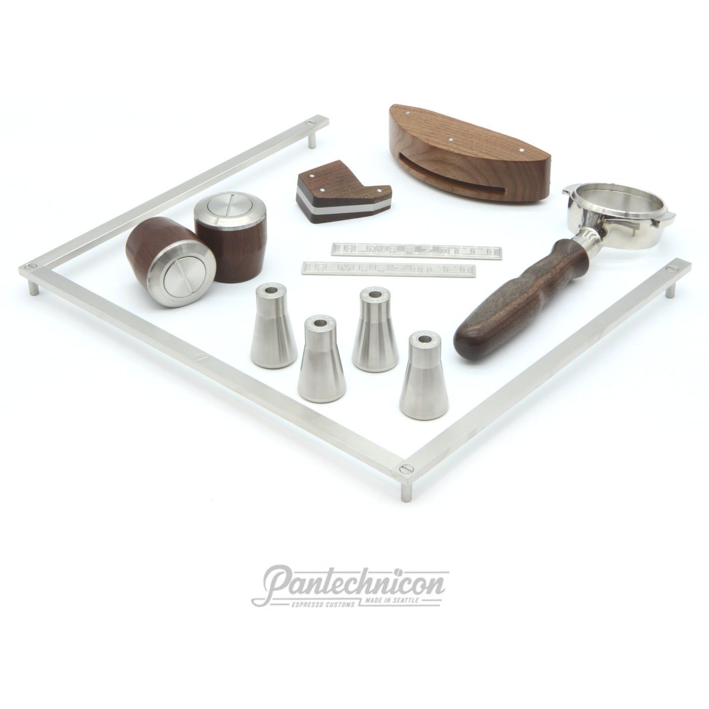 linea mini complete kit in walnut, bottomless portafilter, 50mm legs