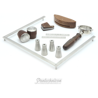 linea mini complete kit in walnut, bottomless portafilter, 50mm legs
