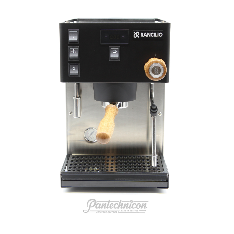 black rancilio pro x with oak finish